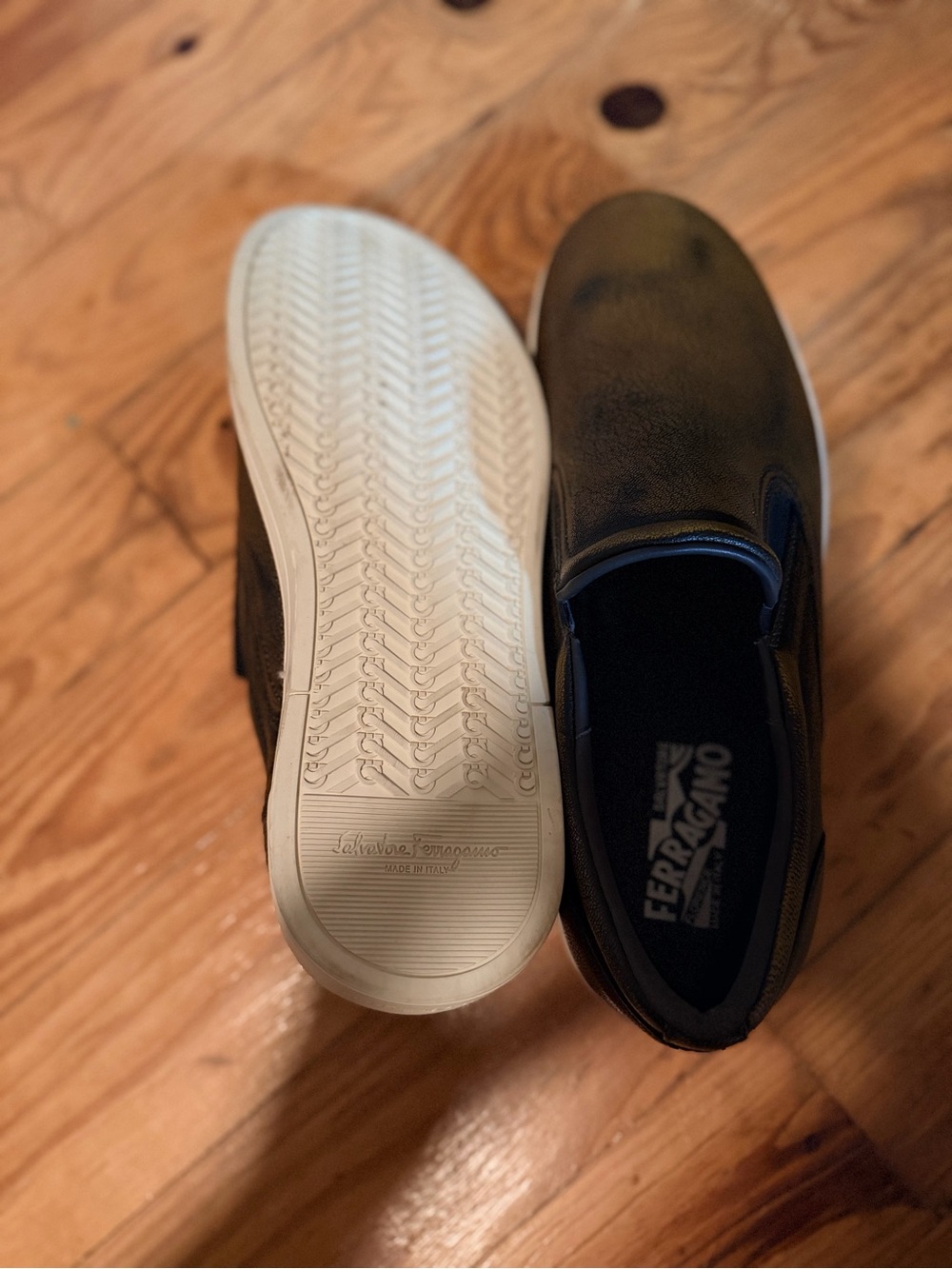 Salvatore Ferragamo Bronze Metallic Leather Slip-On Sneakers Men’s - Picture 3 of 4
